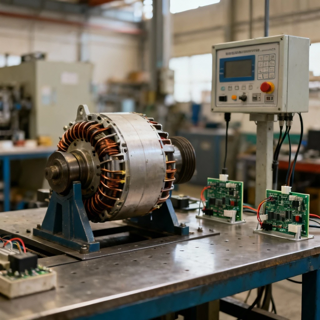 stół maszyn w warsztacie do testowania alternatorów, wzbudowana część elektronika wokół kontroli pracy urządzenia, wyrazisty widok z bliska