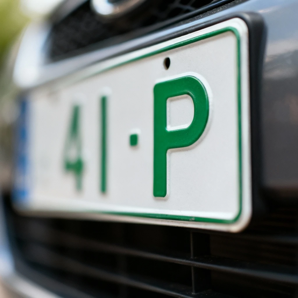 Zbliżenie na profesjonalną tablicę rejestracyjną z zielonymi znakami na białym tle, wyraźnie widoczna litera P w środkowej części