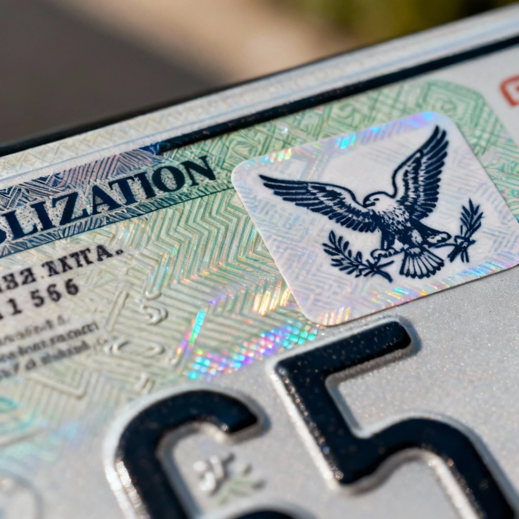 Makro zdjęcie pokazujące szczegóły nalepki legalizacyjnej i symbolu orła na tablicy rejestracyjnej, ostrość na elementy zabezpieczające