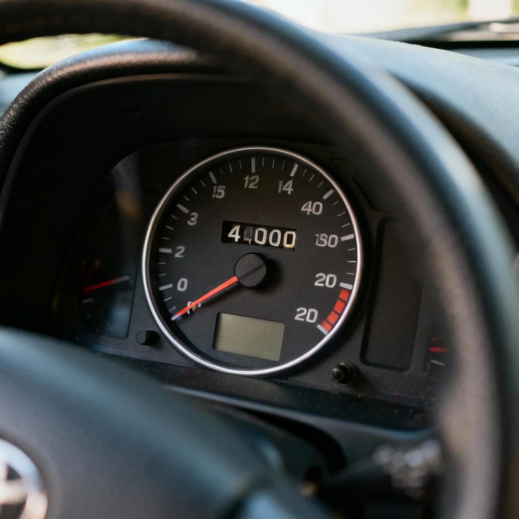 Deska rozdzielcza samochodu z wyraźnie widocznym obrotomierzem wskazującym 4000 obr/min, bliskie ujęcie