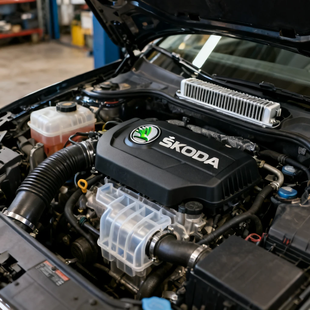 Widok silnika 2.0 TDI w komorze silnika Skody Octavia IV – widoczne osłony plastikowe, przewody intercoolera, czarna osłona silnika z logo Skoda. Kadr zbliżenie z lewej strony, obejmujący również górną część chłodnicy. Brak osób, wnętrze komory czyste, oświetlenie warsztatowe.
