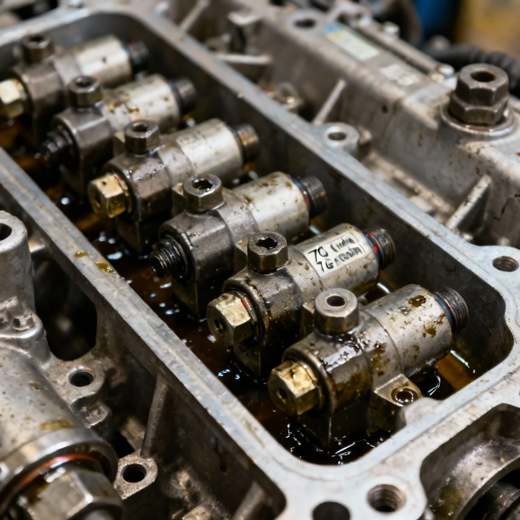 Zbliżenie na elektrozawory hydrauliczne skrzyni 7G-Tronic wyjęte z kanału hydraulicznego, widoczne ślady oleju na metalowych elementach