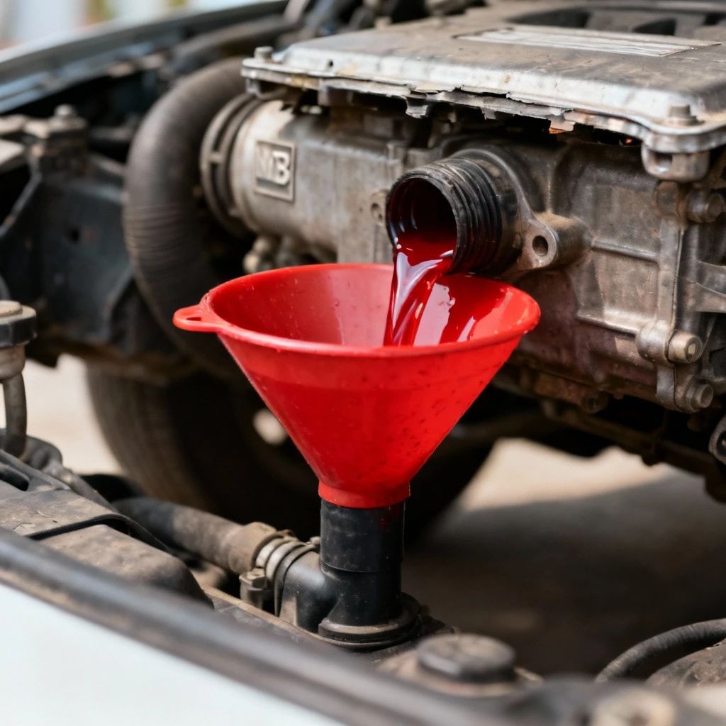 Wymiana oleju w skrzyni 7G-Tronic: zbliżenie na lejek wlewowy z przelewającym się czerwonym olejem przekładniowym MB, w tle częściowo zdemontowana osłona podwozia