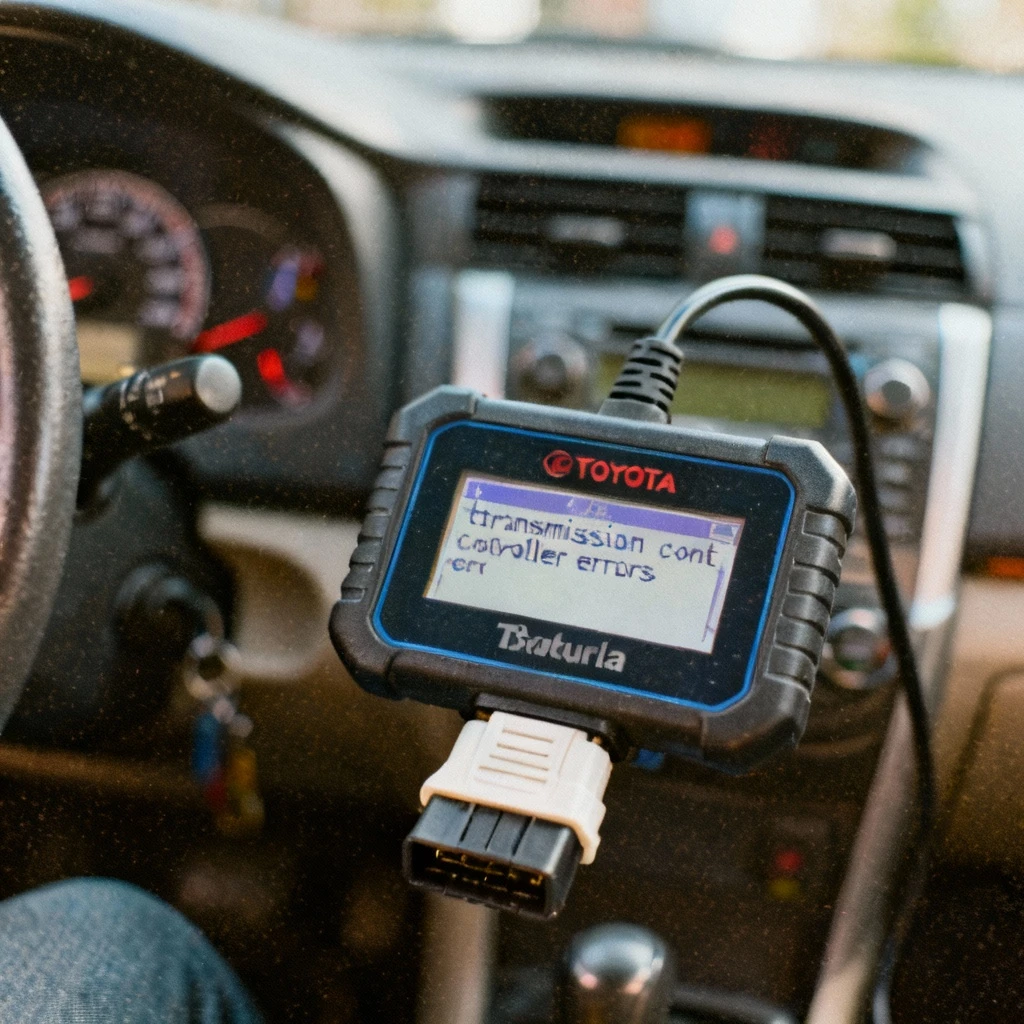 przyrządy diagnostyczne podłączone do portu OBD2 w kabinie Toyota Corolla, ekran skanera wyświetlający błędy sterownika skrzyni biegów, rozmyte tło deski rozdzielczej