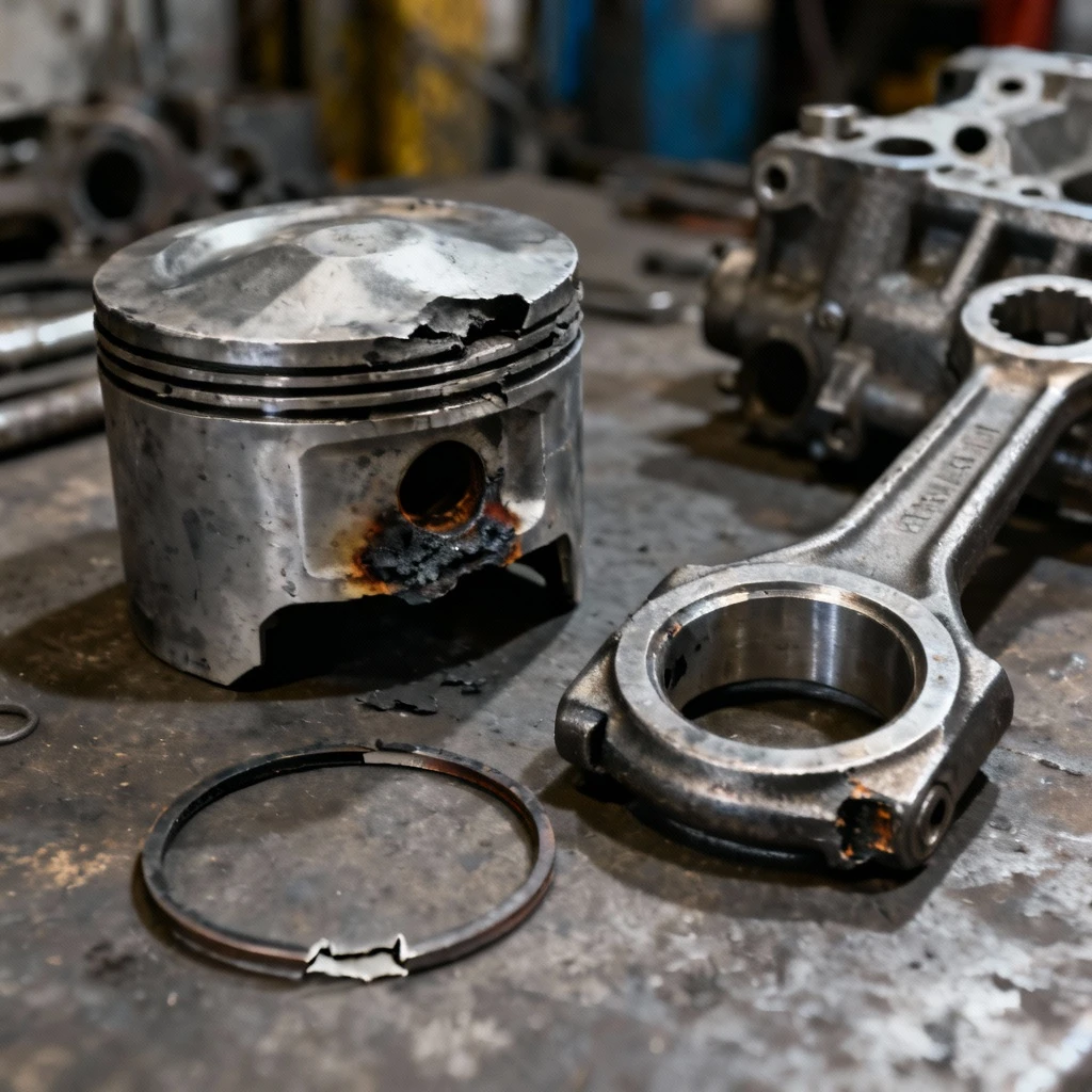 Zestaw uszkodzonych elementów silnika wysokoprężnego: zdeformowany tłok z wypaleniem na denku, popękany pierścień kompresyjny, uszkodzony czop korbowodu