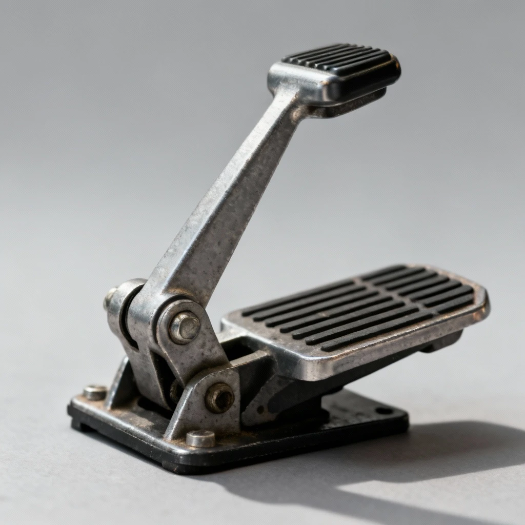 Pedal sprzęgła w samochodzie z widocznym mechanizmem dźwigniowym, zbliżenie na metalowe elementy konstrukcyjne, oświetlenie studyjne z miękkim cieniem