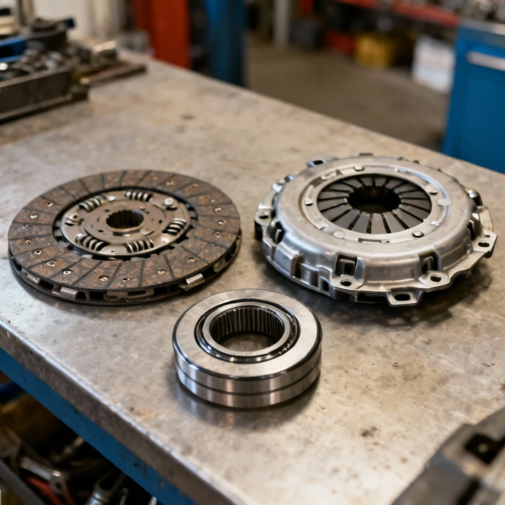 Komplet nowych części sprzęgła: tarcza sprzęgłowa, docisk i łożysko wyciskowe ułożone równolegle na warsztatowym blacie, ostry focus na detale konstrukcyjne