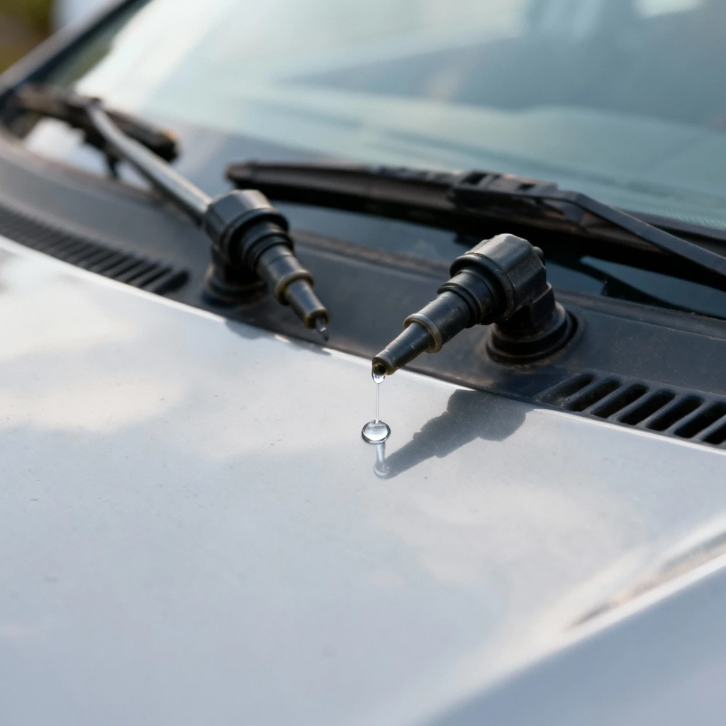 widok z góry na maskę samochodu, zbliżenie na dwie dysze spryskiwaczy przedniej szyby, na końcu jednej dyszy widać kroplę płynu gotową do spadnięcia