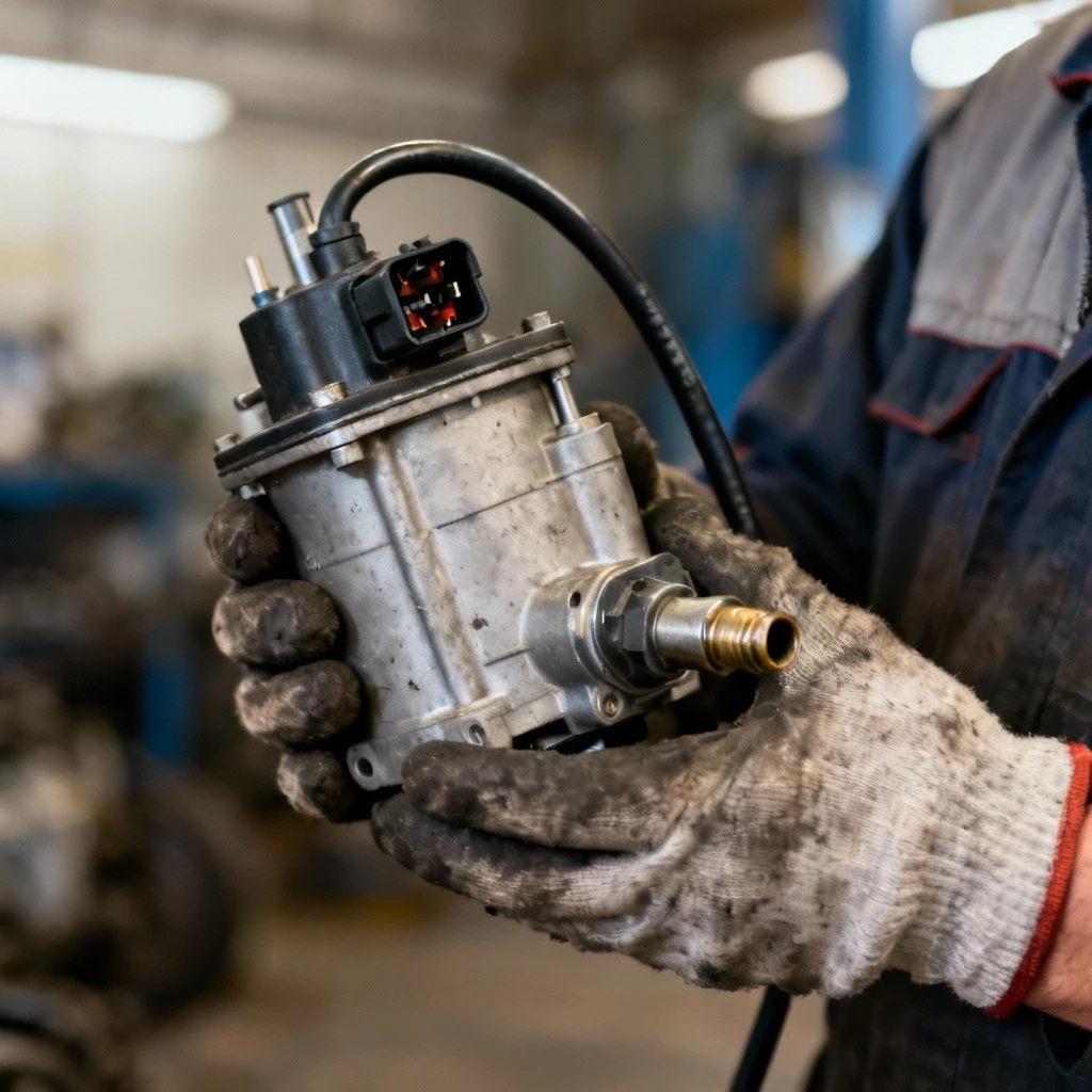 detal techniczny: nowa pompka spryskiwacza trzymana w dłoni w rękawiczce mechanika, widoczne wtyczka elektryczna i wylot na przewód hydrauliczny, tło rozmyte