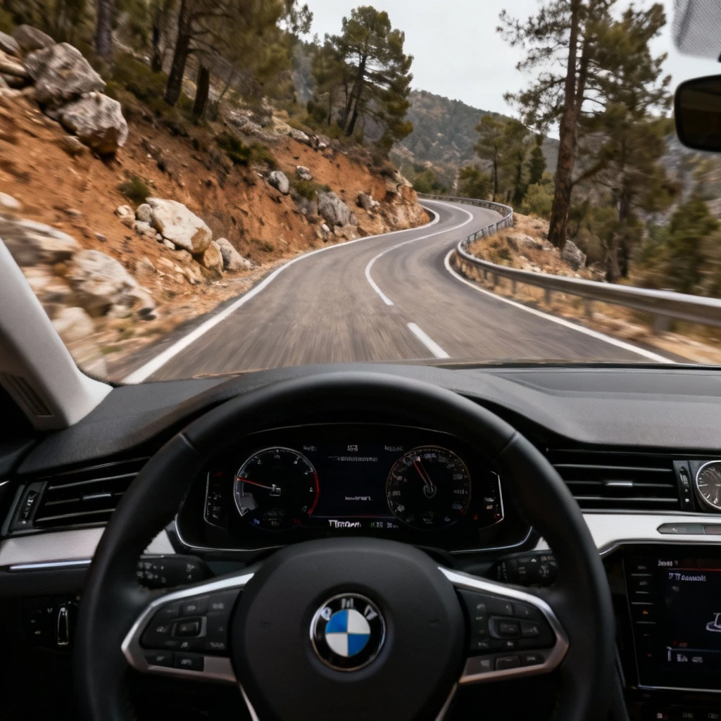 górska droga z serpentynami widziana z perspektywy kierowcy z włączonym tryb manualnym Tiptronic
