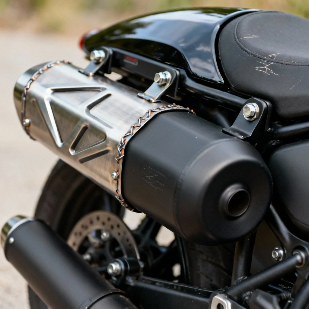 porównanie tłumika sportowego i fabrycznego w osłonie motocykla klasy cruiser, widok z boku skupiony na mocowaniach