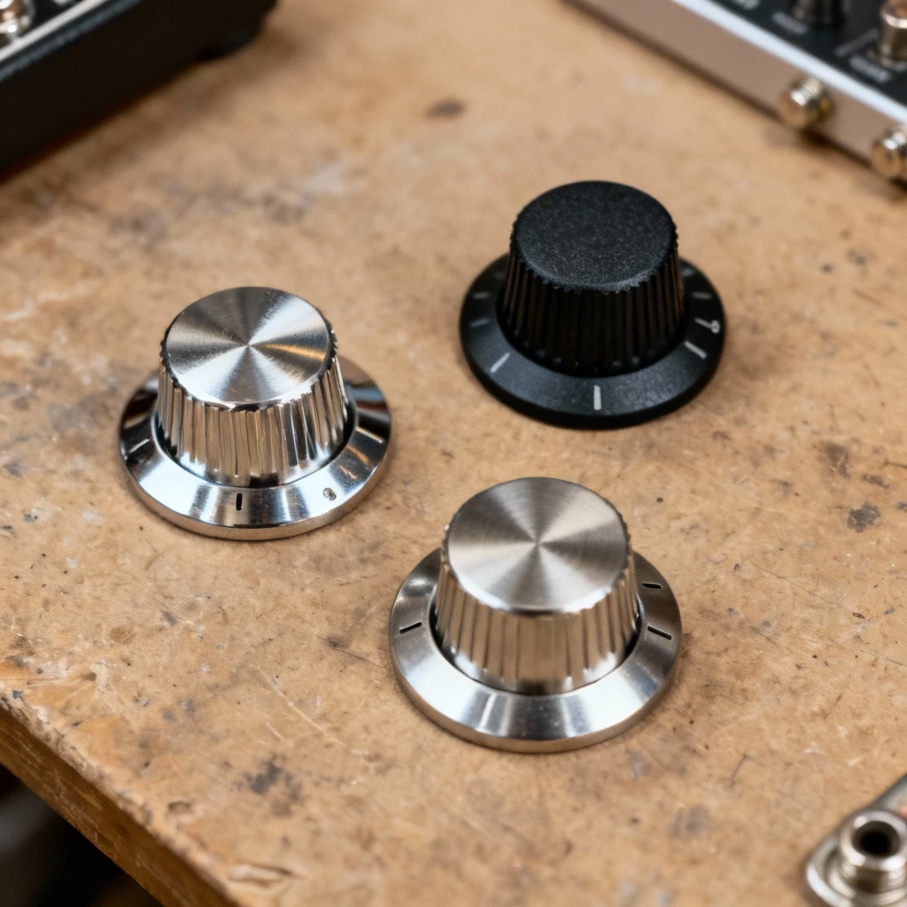 trzy różne modele tłumików basowych ustawione na warsztatowym stole: chromowany, czarny mat i stal nierdzewna, widok z góry