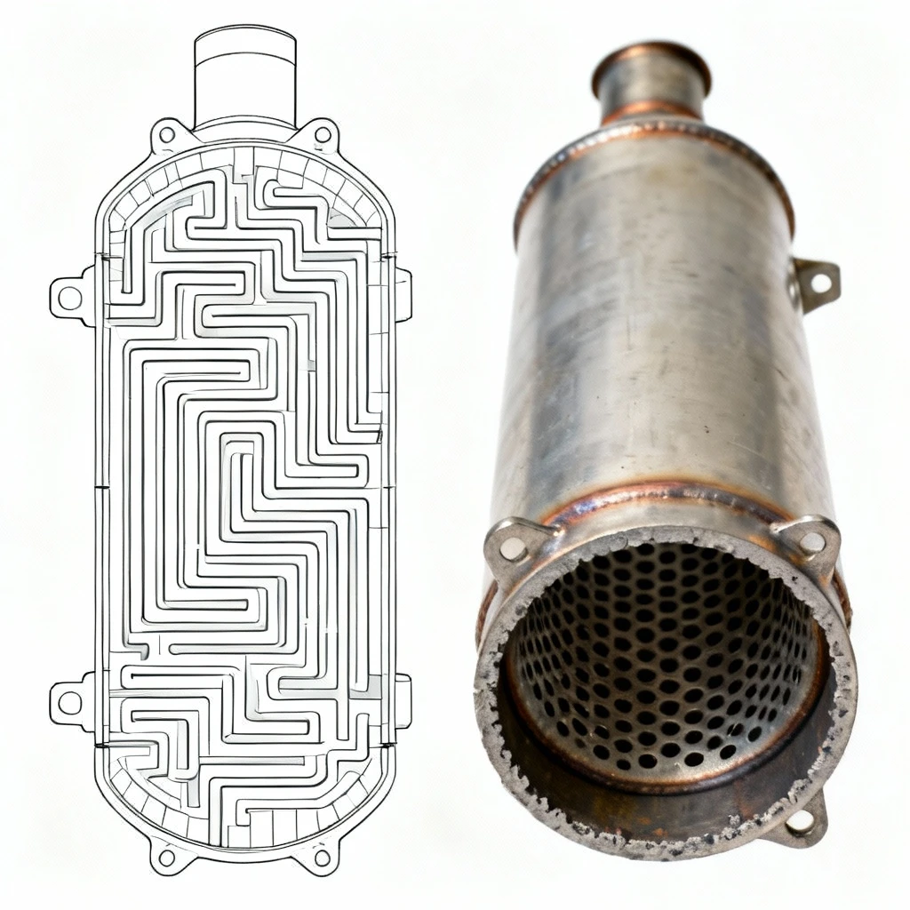 Porównanie techniczne: schemat wnętrza standardowego tłumika komorowego (złożony labirynt przegród) vs. przekrój tłumika przelotowego (jednolita perforowana rura w wypełnieniu), widok z bliska na białym tle