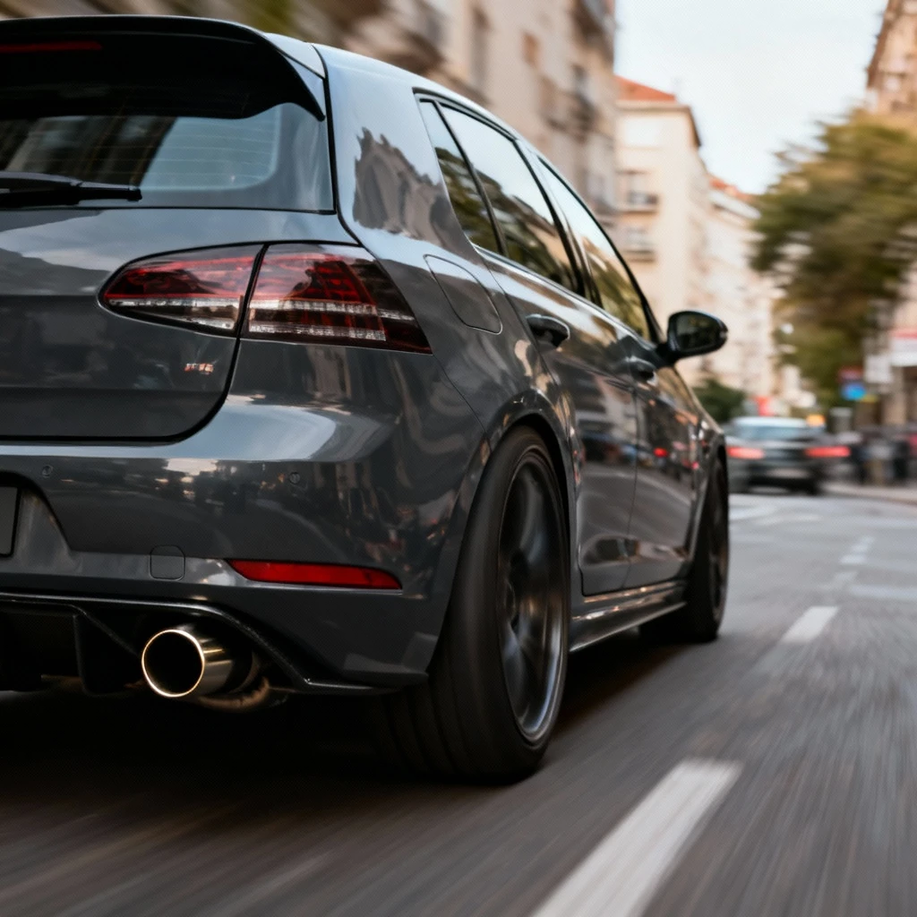 Sportowy samochód miejski w dynamicznym ujęciu profilu, z wyraźnie widocznym stylowym wylotem układu wydechowego podkreślającym tuning, rozmyte tło akcentujące ruch