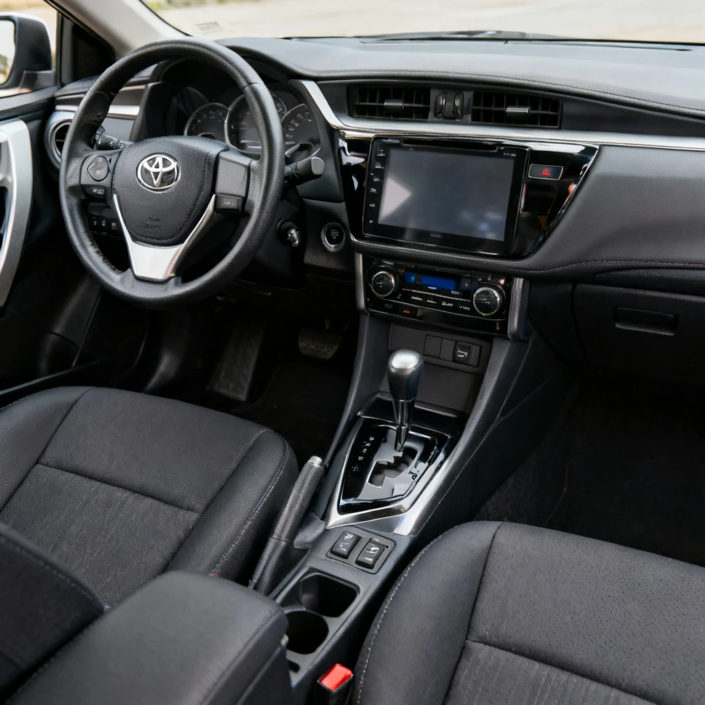 Ujęcie wnętrza Toyoty Auris II – deska rozdzielcza z kierownicą, centralnym ekranem i manualną skrzynią biegów. Kadr pokazuje fragment przednich foteli, schowek i nawiewy. Brak osób, nacisk na czytelność kokpitu i materiały wykończeniowe. Oświetlenie naturalne, widoczne detale takie jak przełączniki i panel klimatyzacji. Bez napisów, bez infografik.