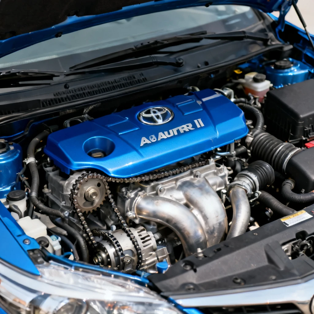 Zbliżenie na maskę silnika Toyoty Auris II – widoczny silnik 1.6 Valvematic z charakterystycznym niebieskim deklem, łańcuchem rozrządu i przewodami. Kadr pokazuje fragment komory silnika, bez ludzi, z ostrym światłem podkreślającym metaliczne detale. Tłem jest czarna uszczelka i fragment nadwozia. Bez napisów, bez diagramów.