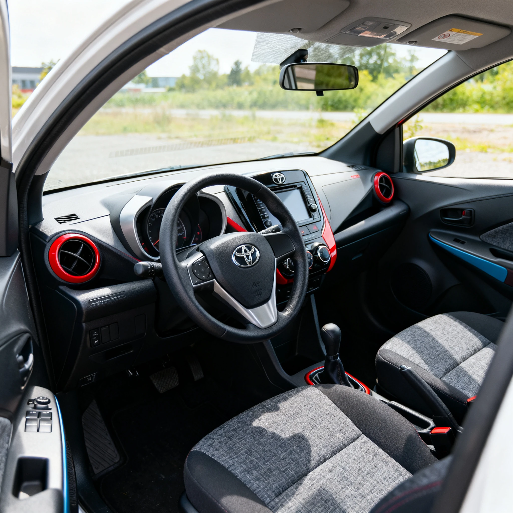 Widok na deskę rozdzielczą i kierownicę Toyoty Aygo drugiej generacji, puste fotele pokryte tkaniną, naturalne światło dzienne wpadające przez szybę, widoczne plastikowe elementy wykończenia, brak jakichkolwiek napisów, diagramów, ani ludzi, kadr ukazuje przestrzeń kabiny z perspektywy kierowcy.