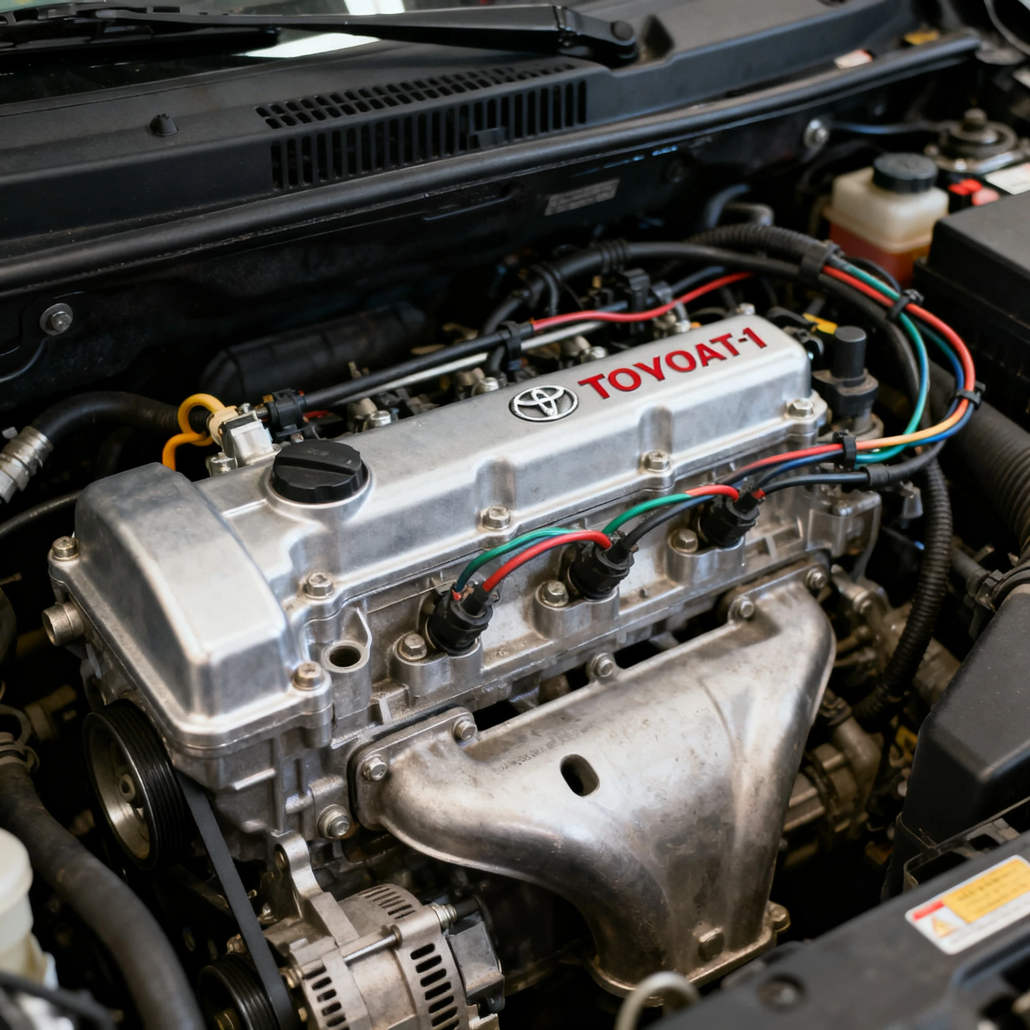 Blok silnika 1.0 VVT-i Toyoty Aygo widoczny w komorze silnika, zbliżenie na aluminiową głowicę i przewody, tło stanowi czarna osłona silnika, brak ludzi, rąk, palców, napisów, naturalne światło warsztatowe, czysta przestrzeń, kadr skupiony na mechanizmie.