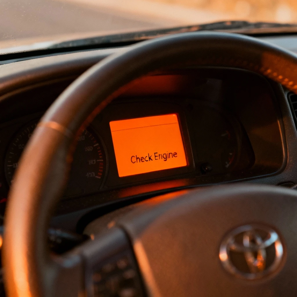 Deska rozdzielcza samochodu z wyraźnie świecącą się pomarańczową kontrolką silnika (Check Engine), widok z fotela kierowcy, kadr szeroki pokazujący także kierownicę, żadnych tekstów na wyświetlaczu