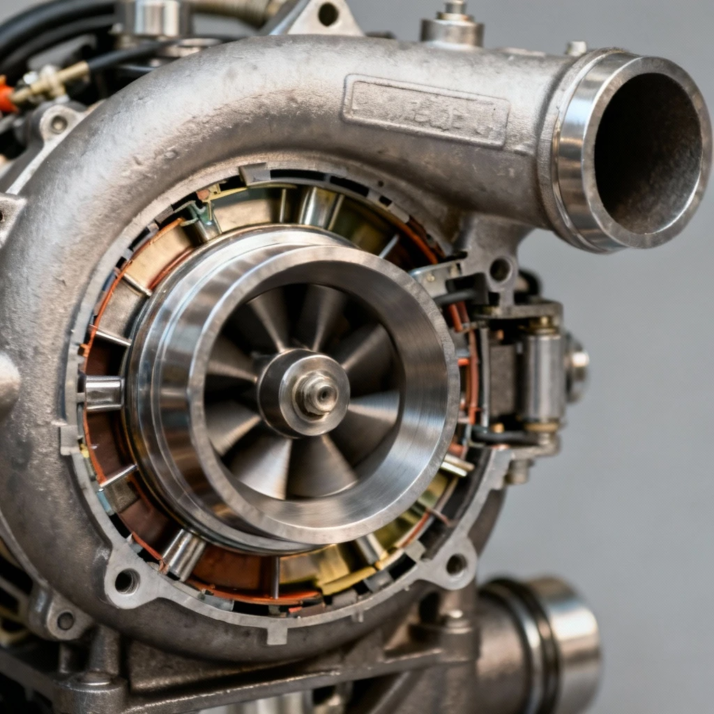 Turbosprężarka samochodowa w przekroju, widok techniczny pokazujący wirnik i łopatki, kadr zamknięty na element, metaliczna faktura bez żadnych napisów