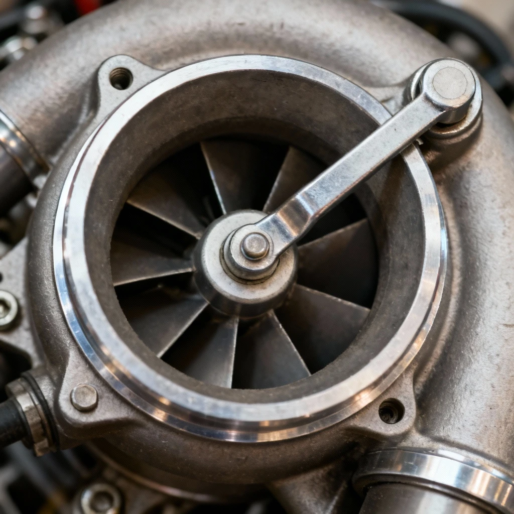 Mechanizm sterowania układu VGT w ujęciu typu close-up: wyraźnie widoczne metalowe pierścienie regulacyjne i system dźwigni regulujących pozycję pierścienia sterującego kątem łopatek wirnika, bez elementów ludzkich. Kadr: makrofotografia techniczna z ostrym odwzorowaniem detali konstrukcyjnych.