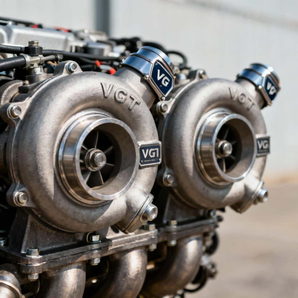 Zdjęcie dwóch turbosprężarek obok siebie widzianych od strony kolektora: widoczne elementy wyróżniające takie jak elementy mechanizmu sterującego w VGT. Kadr: przedstawienie zachowania perspektyw ukośnie na stojące elementy z detalami, odpowiednie oświetlenie podkreślające kształty.