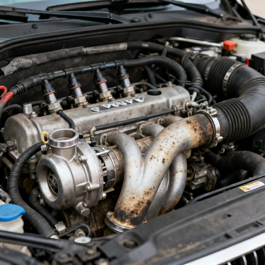 Zbliżenie na silnik 2.0 T5 w Volvo XC60, widoczne przewody, wtryskiwacze, turbosprężarka oraz kolektor dolotowy z oznakami osadów. Metaliczny połysk, szczegóły techniczne komory silnika. Brak rąk, narzędzi, ludzi, napisów.