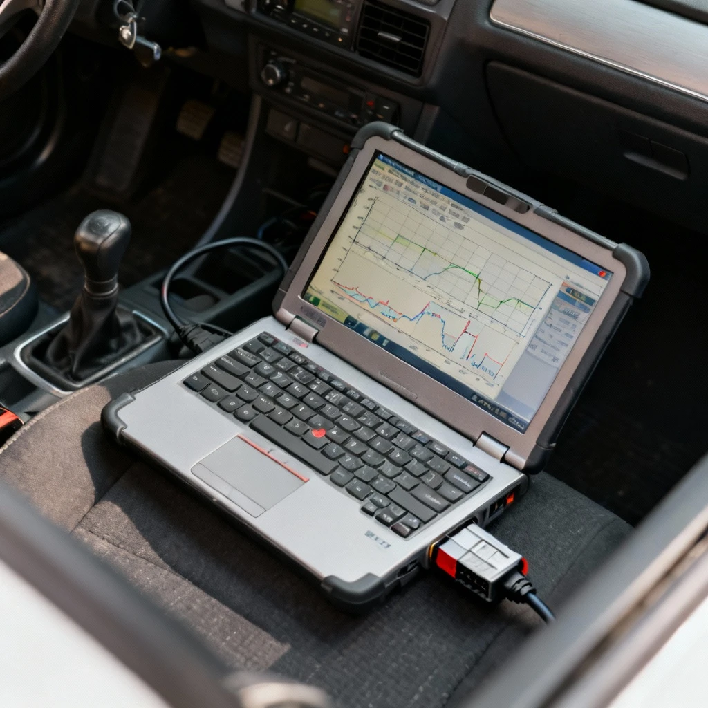 Komputer diagnostyczny podłączony do złącza OBD2 w samochodzie, ekran pokazuje wykresy diagnostyczne, widok z góry, bez elementów ludzkich w kadrze