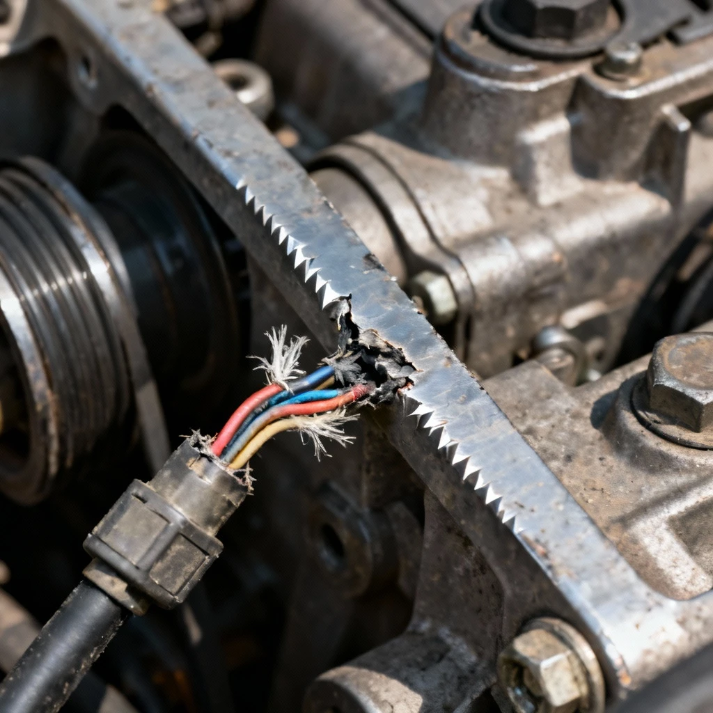 Zbliżenie na przetartą izolację przewodu zasilającego czujnik położenia wałka rozrządu o ostry element ramy silnika. Kadr: detal, ostrość na uszkodzony fragment przewodu i metalową krawędź powodującą przetarcie.