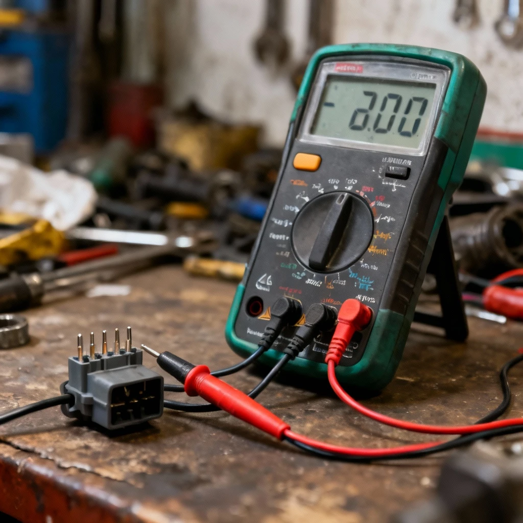 Multimetr ustawiony na pomiar rezystancji z sondami podłączonymi do pinów wtyczki czujnika położenia wałka rozrządu na tle warsztatowego stołu. Kadr: średni plan, ostrość na wyświetlacz urządzenia i połączenia.