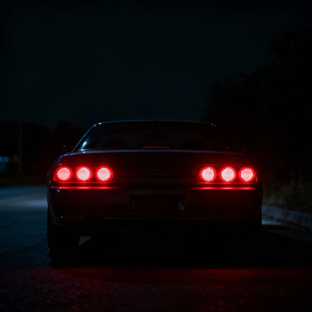 Widok tylnej części samochodu z włączonymi światłami stopu nocą. Sześć wyraźnie widocznych czerwonych świateł. Kadr z odległości 10 metrów, zawierający pełny tył pojazdu na ciemnym tle.