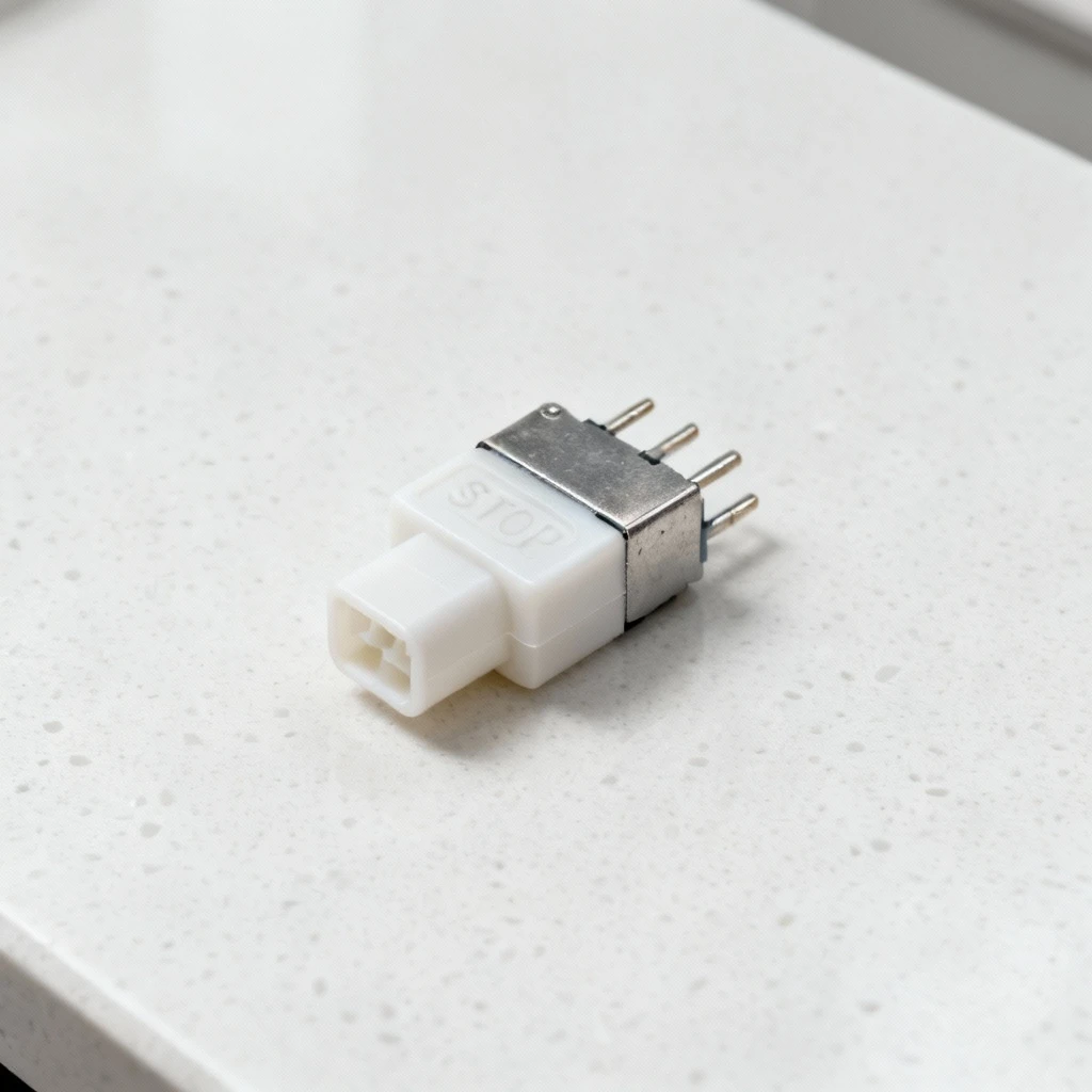 Nowy, nierozpakowany czujnik stopu leżący na sterylnie białym blacie. Widoczny plastikowy korpus, metalowy element roboczy i złącze z czterema pinami. Kadr z góry z ostrością na cały element.