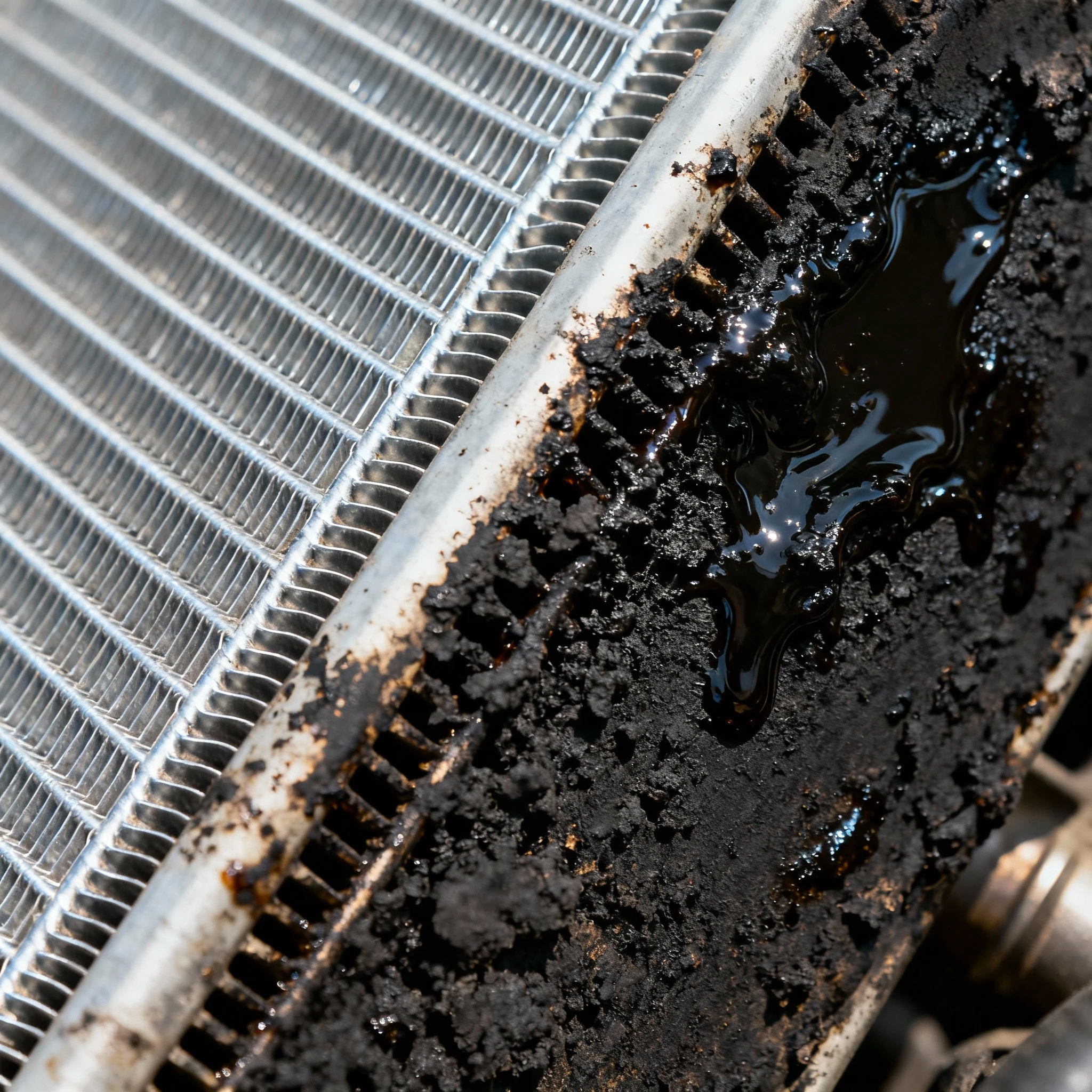 Porównanie intercoolera czystego i zabrudzonego olejem, na jednym element widoczne srebrzyste żeberka, na drugim - zaczernienia i lepkie osady, kadr z bliska