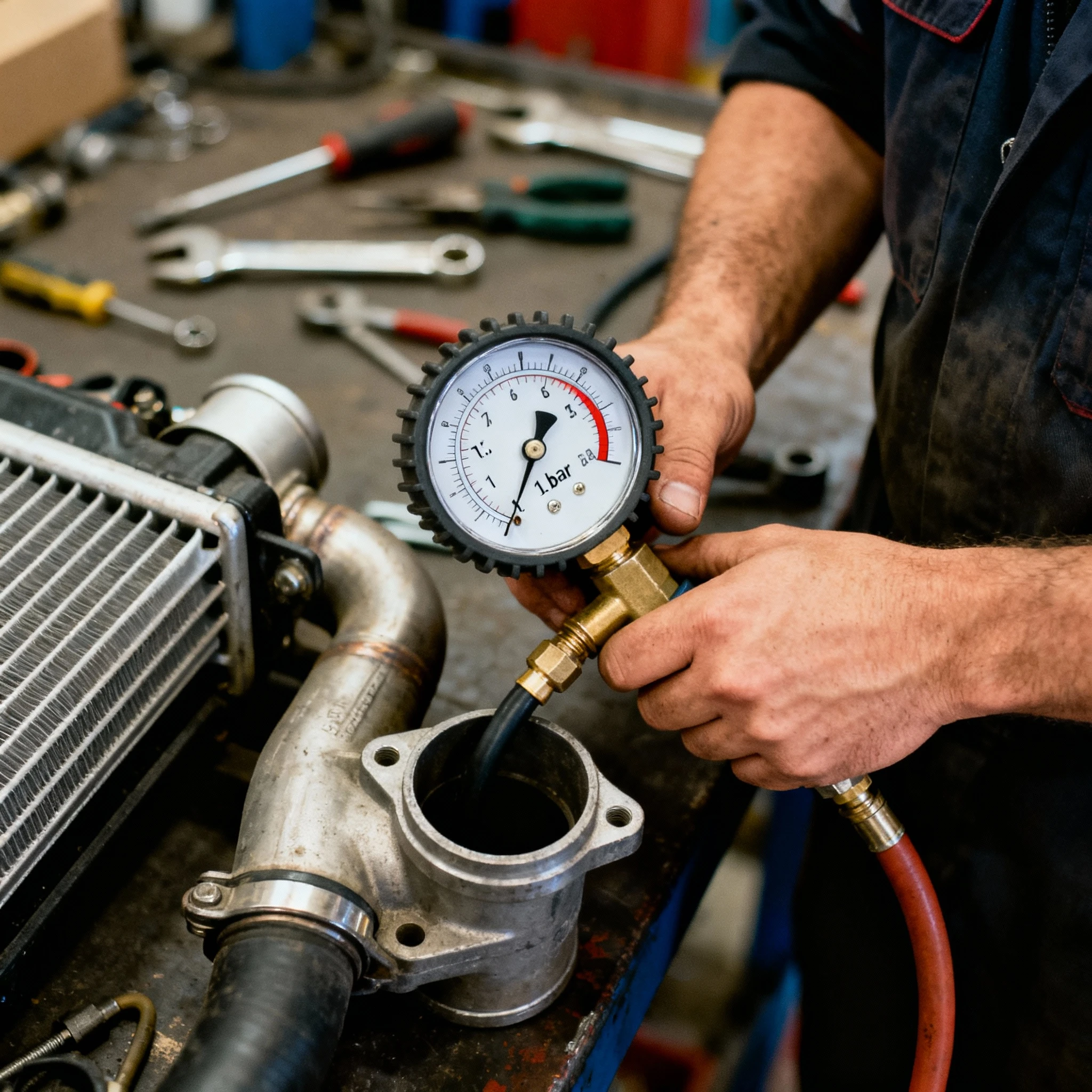 Mechanik wykonujący test ciśnieniowy intercoolera w warsztacie, widok z bliska na manometr wskazujący 1.5 bara, w tle narzędzia montażowe