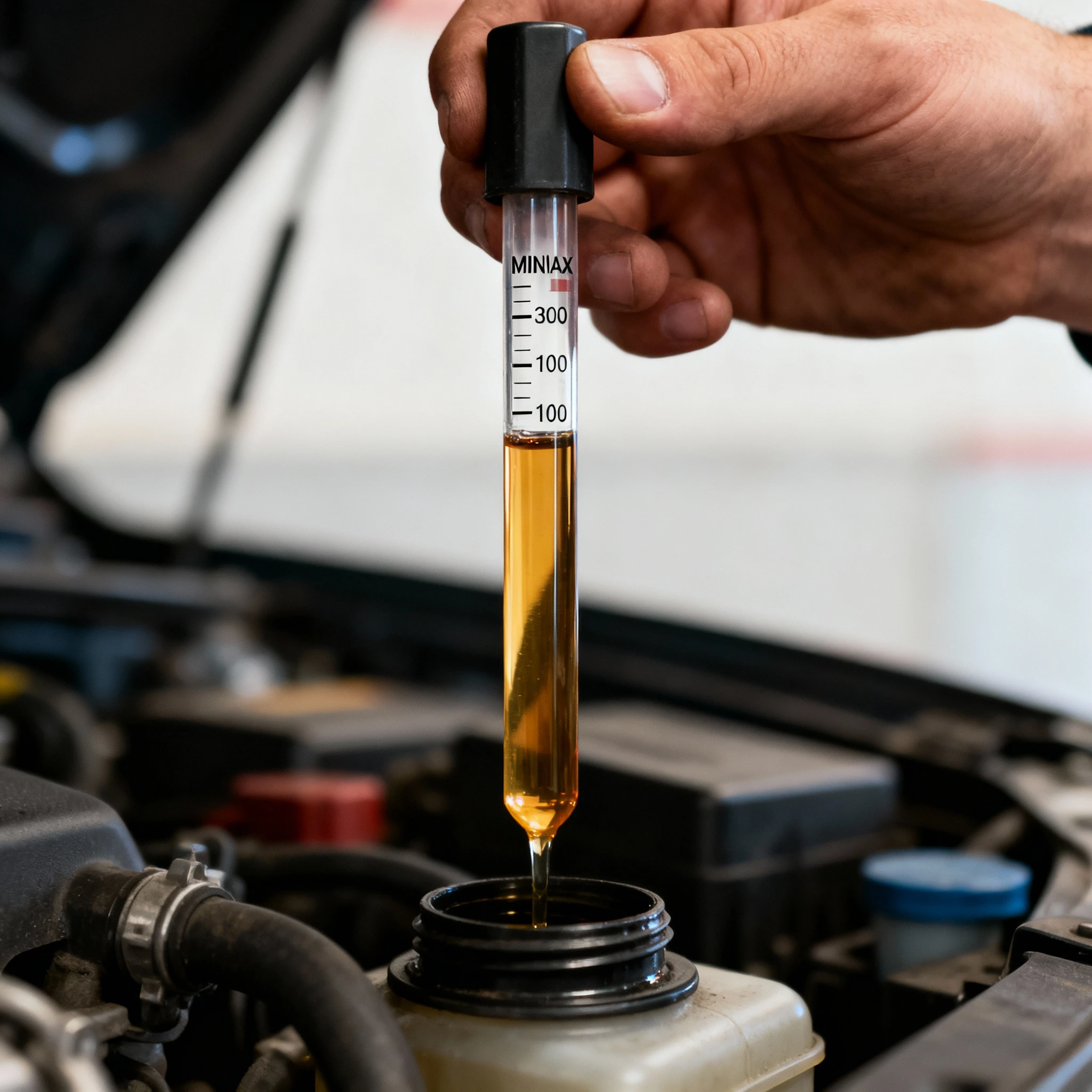 Zbliżenie dłoni mechanika (bez twarzy) sprawdzającej poziom oleju bagietką. Widoczne wyraźne znaki MIN/MAX, olej powyżej maksimum. Kadr skupiony na bagnecie, tło rozmyte.