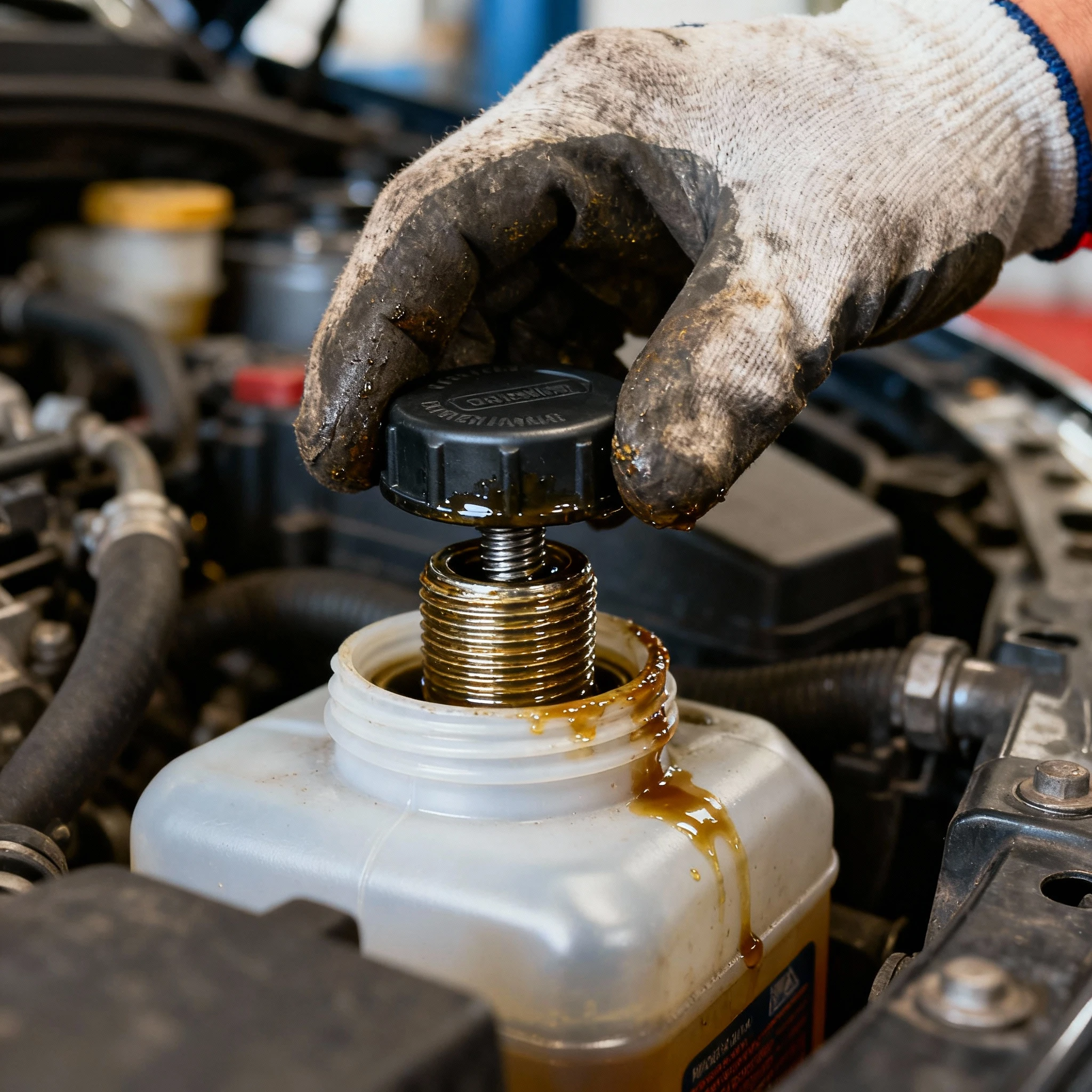 Profesjonalna wymiana korka wlewu oleju: ręka w rękawiczce mechanika wkręca nowy, oryginalny korek w czystą szyjkę wlewu po wytarciu starego oleju. Kadr z boku, ostrość na połączenie gwintu.