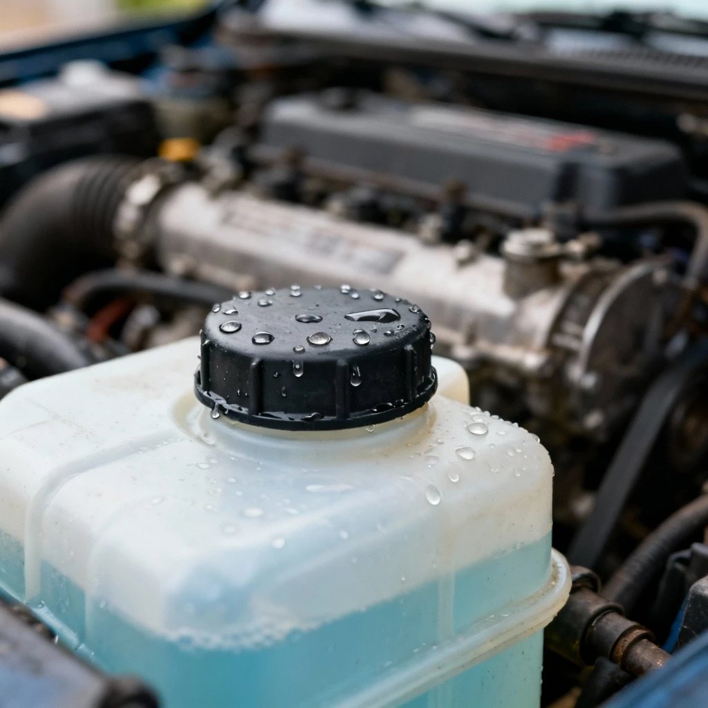 kadr na górną część zbiornika wyrównawczego z widocznymi kroplami płynu chłodniczego wokół nasady korka, z ostrym pierwszym planem i rozmytym silnikiem w tle