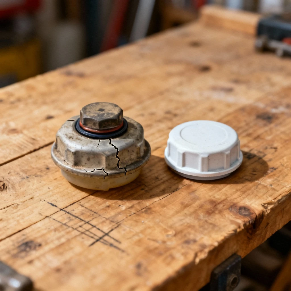 porównanie starego zużytego korka zbiornika wyrównawczego (z widocznymi pęknięciami uszczelek) i nowego, ułożone obok siebie na drewnianej ławce warsztatowej