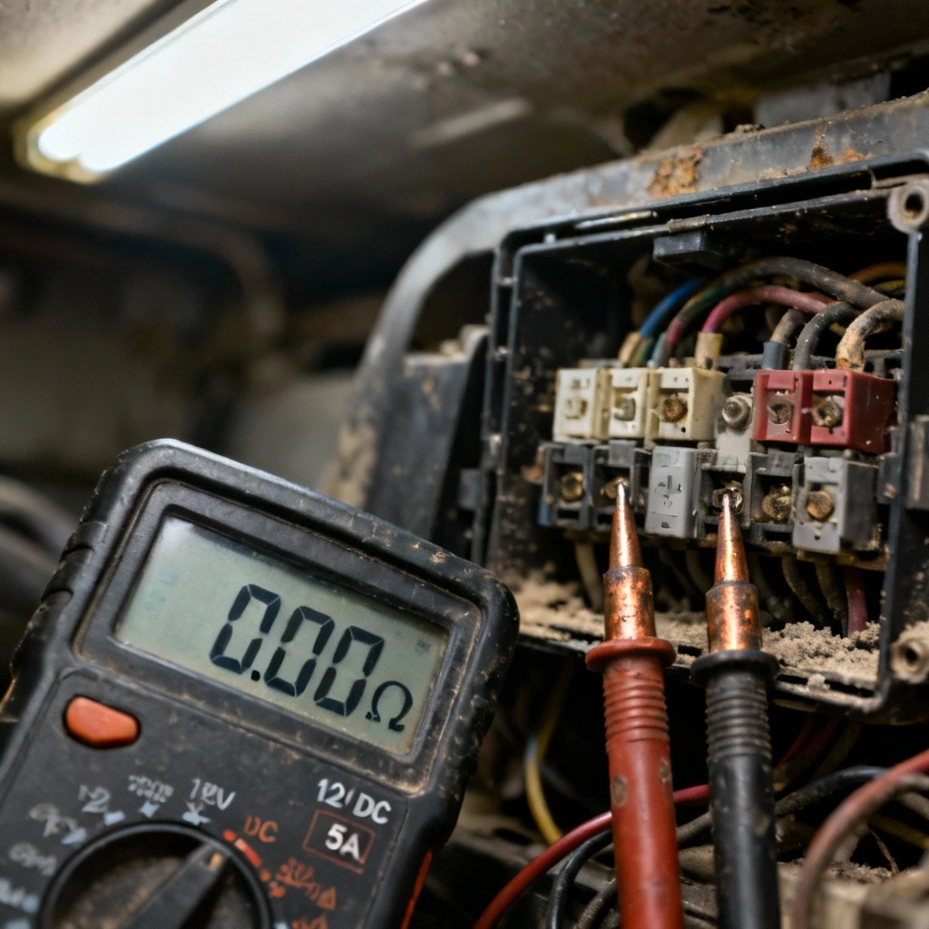 bliskie ujęcie ekranu multimetru pokazującego ciągłość obwodu, końcówki pomiarowe dotykają styków przekaźnika, tło to otwarta skrzynka bezpieczników