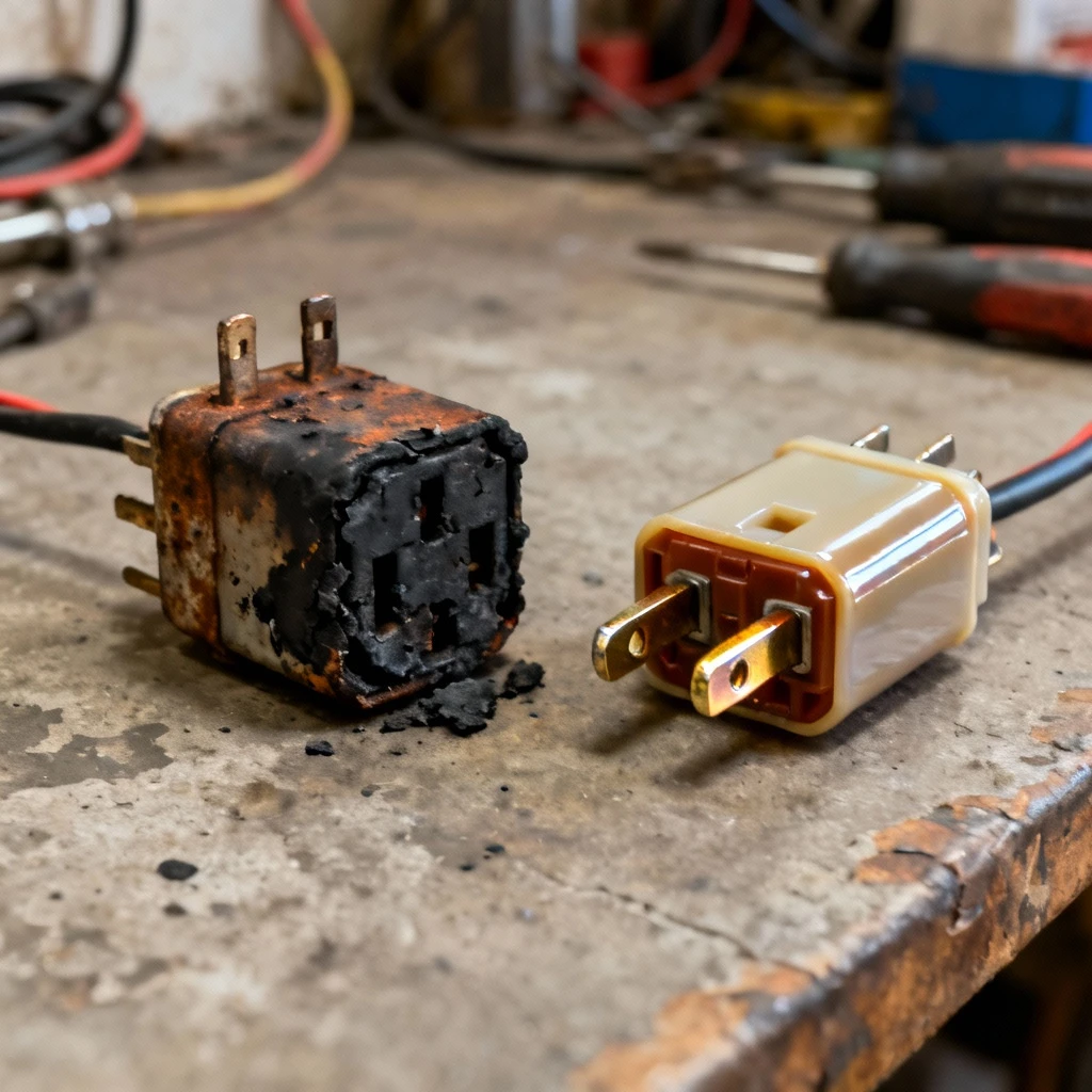zestawienie starej, zwęglonej wtyczki przekaźnika obok nowej, błyszczącej wtyczki, widoczne różnice w kolorze i stanie styków, tło warsztatowe
