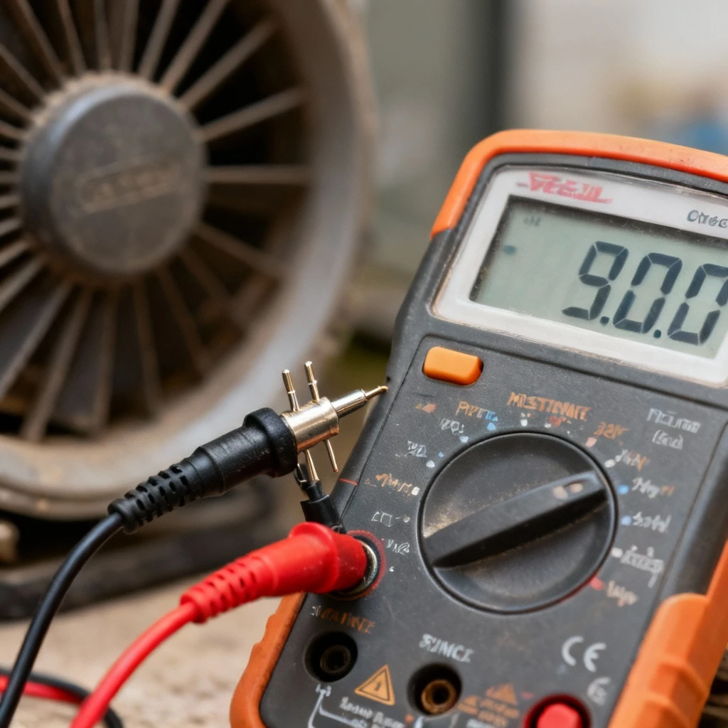 Multimetr cyfrowy z podłączonymi przewodami pomiarowymi do styków rezystora dmuchawy, wyświetlający wartość rezystancji na ekranie. Kadr skupiony na mierniku i złączu, tło rozmyte.