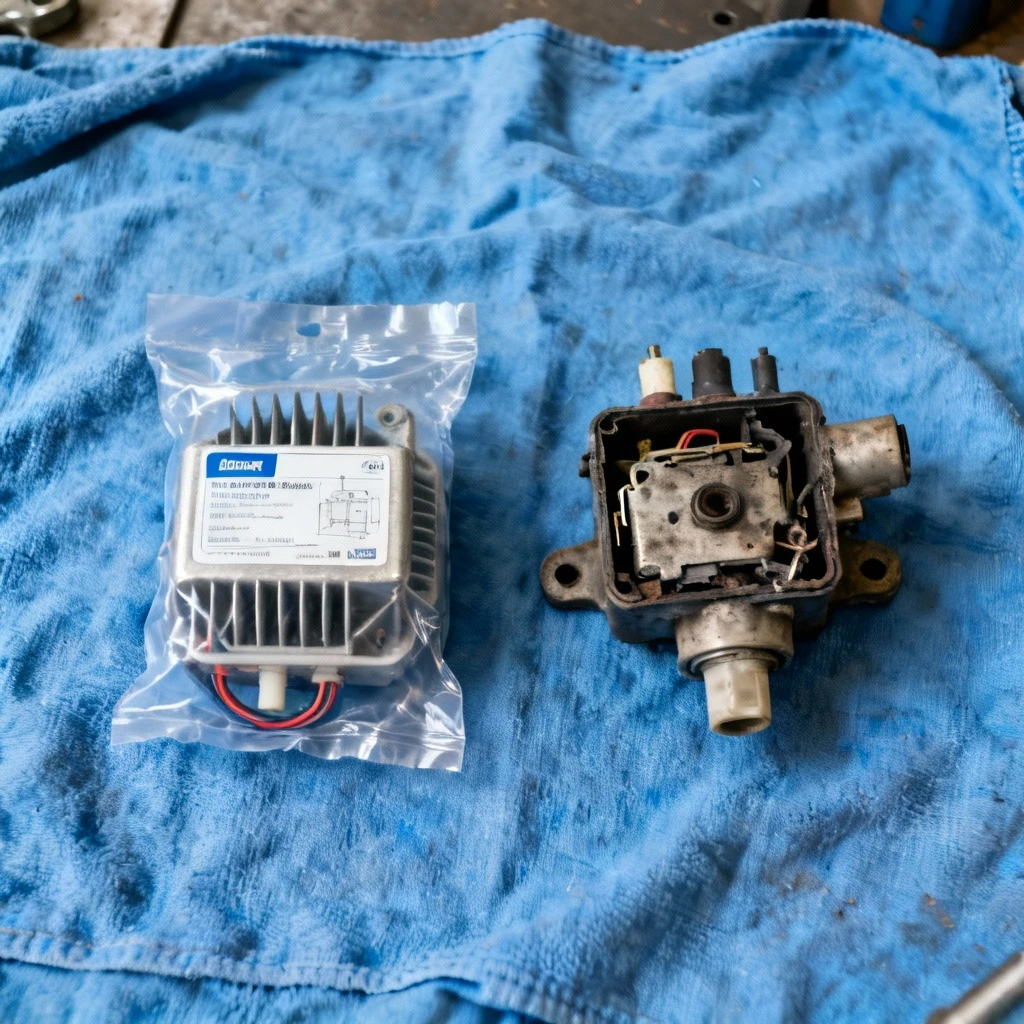 Nowy rezystor dmuchawy w oryginalnym opakowaniu obok demontowanego uszkodzonego elementu, ułożony na czystej, niebieskiej ściereczce warsztatowej. Kadr z góry, bez elementów tła.