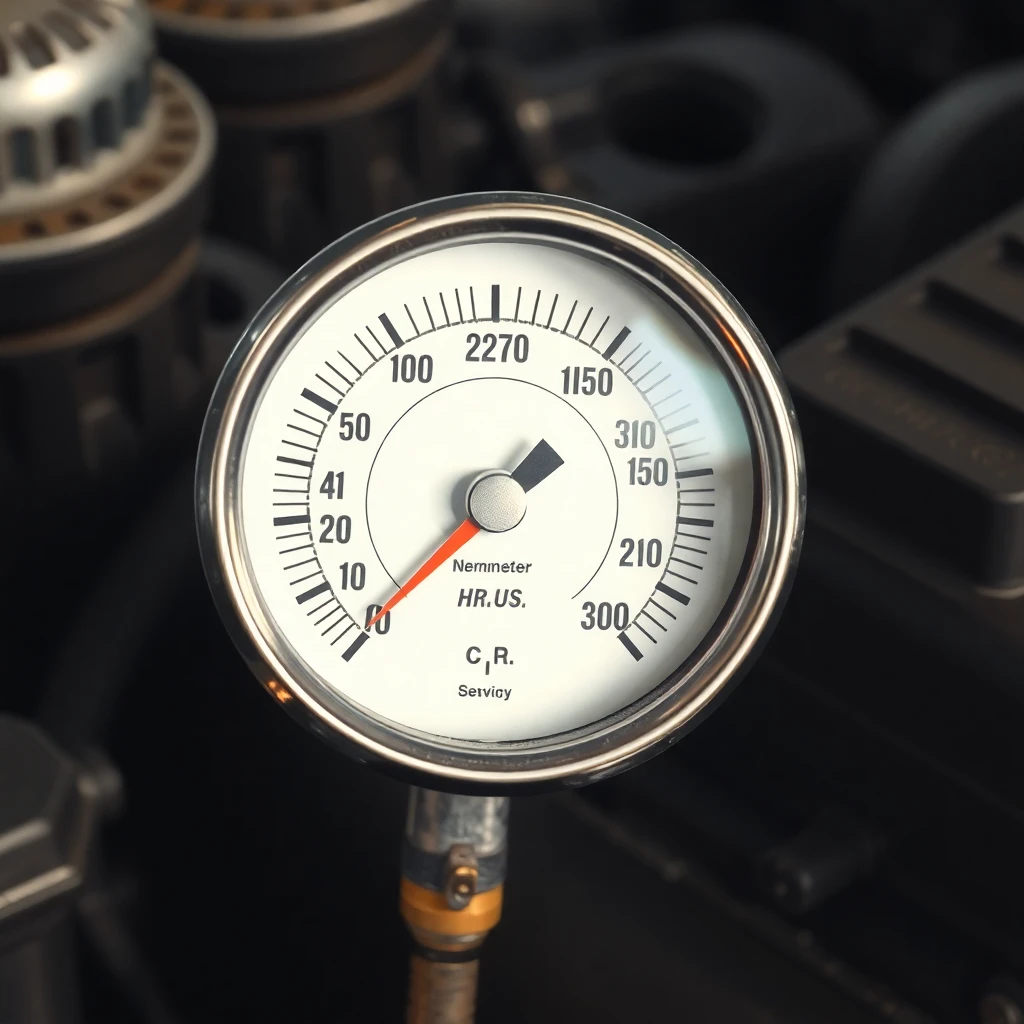 Manometr podpięty do korka wlewu oleju w silniku samochodowym, wyświetlający wysokie ciśnienie, naturalne światło warsztatowe, kadr średni