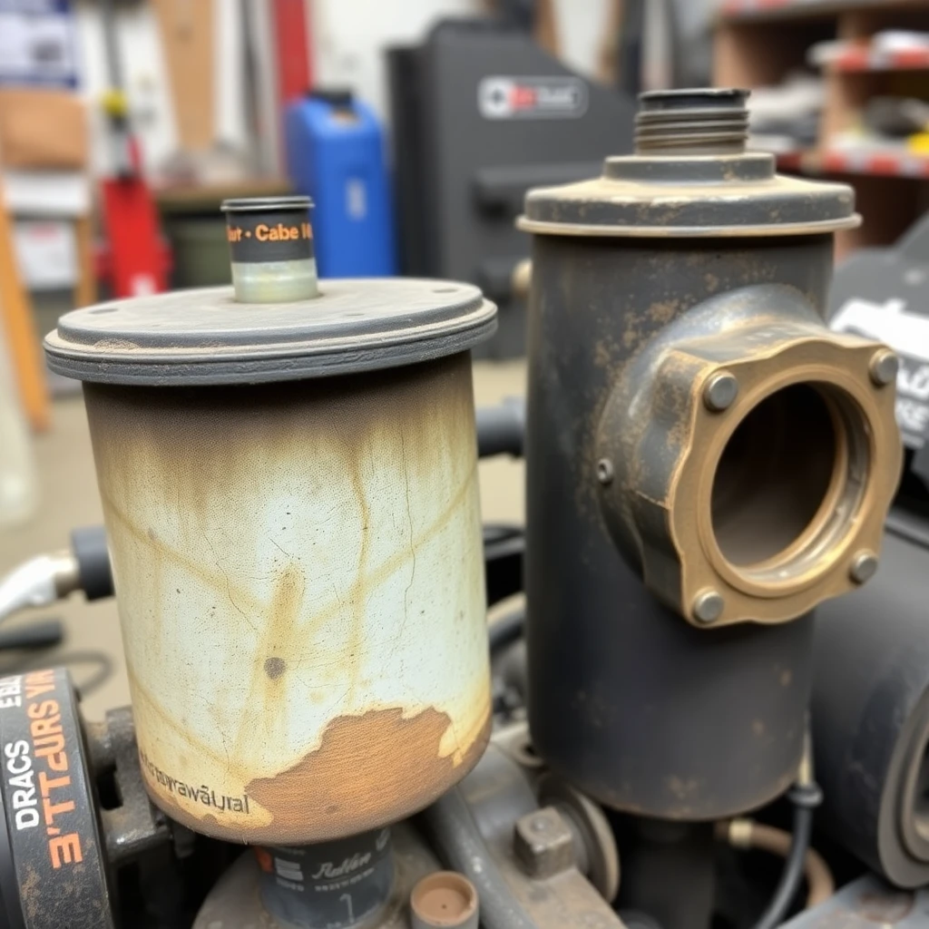 Widok rozebranego, zabrudzonego separatora oleju obok nowego zamiennika, wyraźne ślady nagaru na starym komponencie, warsztatowe tło, kadr średni