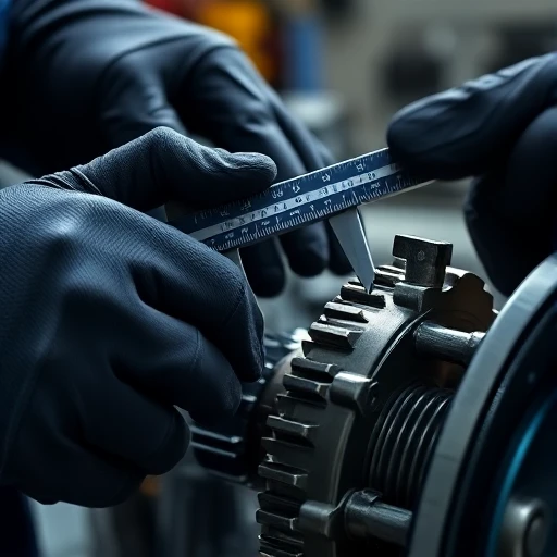 Zbliżenie na dwie dłonie w rękawicach w trakcie pomiaru luzów synchronizatora suwmiarką. Fragment skrzyni biegów, jasne światło warsztatowe