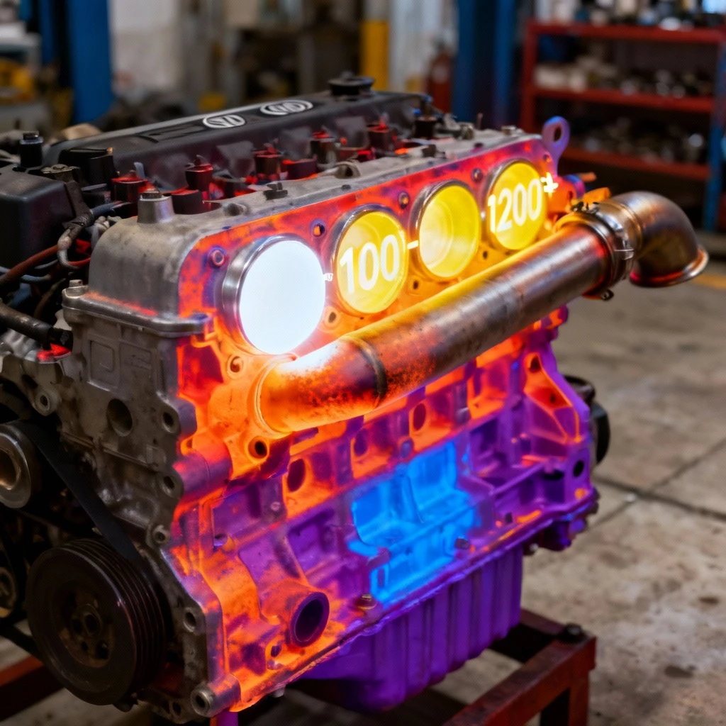 Symulacja przegrzanego silnika TDI pokazująca termowizyjny rozkład temperatur z zaakcentowanym punktem krytycznym głowicy