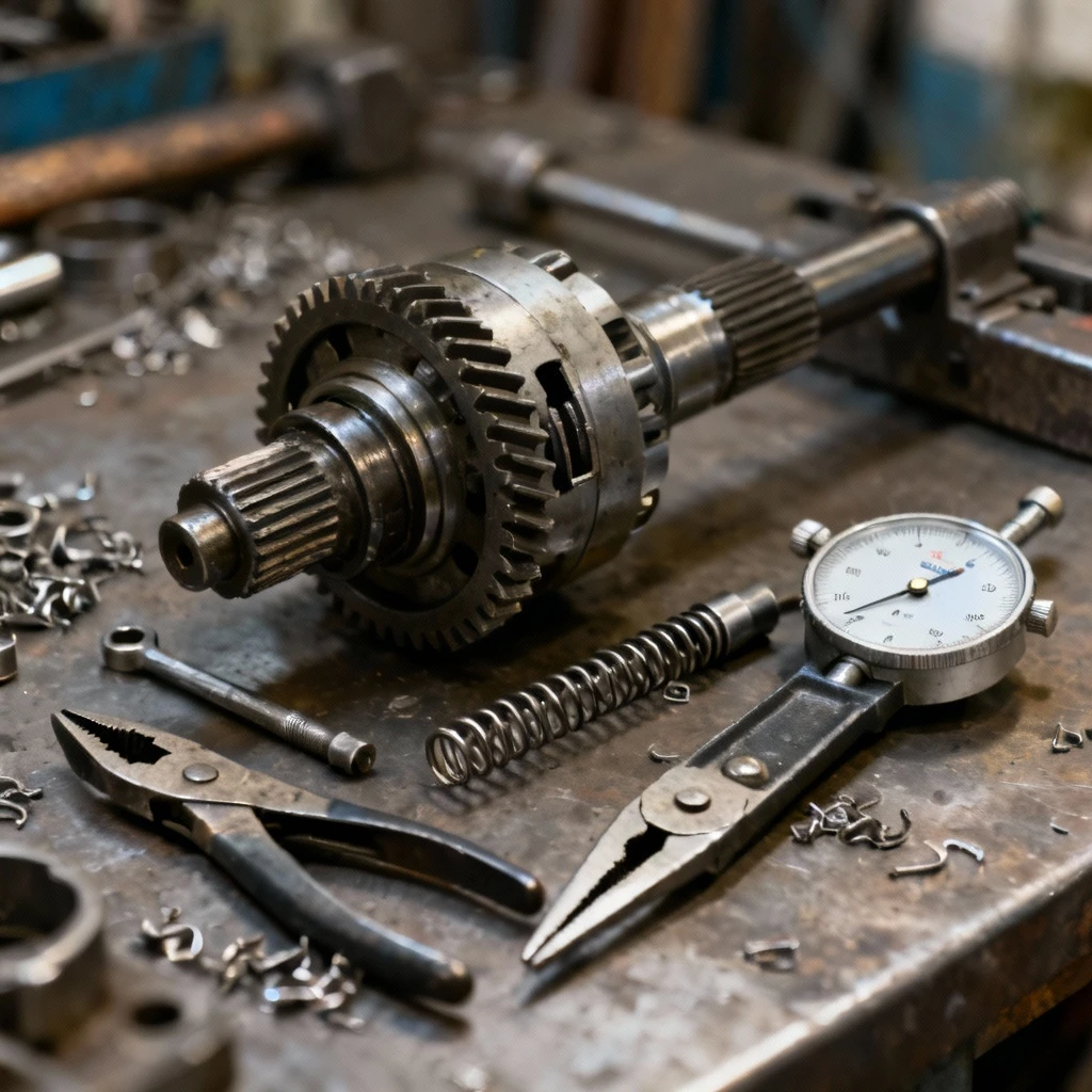 Zestaw narzędzi specjalistycznych do naprawy skrzyń biegów ułożony obok demontowanego wybieraka, widoczne mikrometry, szczypce do sprężyn i mierniki luzów, metalowe tło warsztatowe