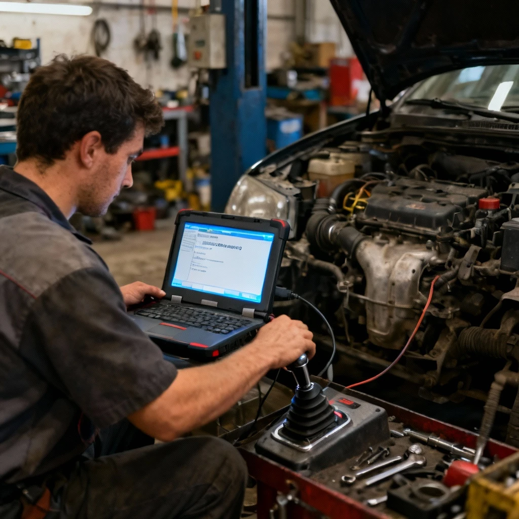 Szeroki ujęcie warsztatu pokazujące mechanika przeprowadzającego kalibrację wybieraka skrzyni biegów z użyciem komputera diagnostycznego, widoczne podświetlony ekran urządzenia, narzędzia w tle