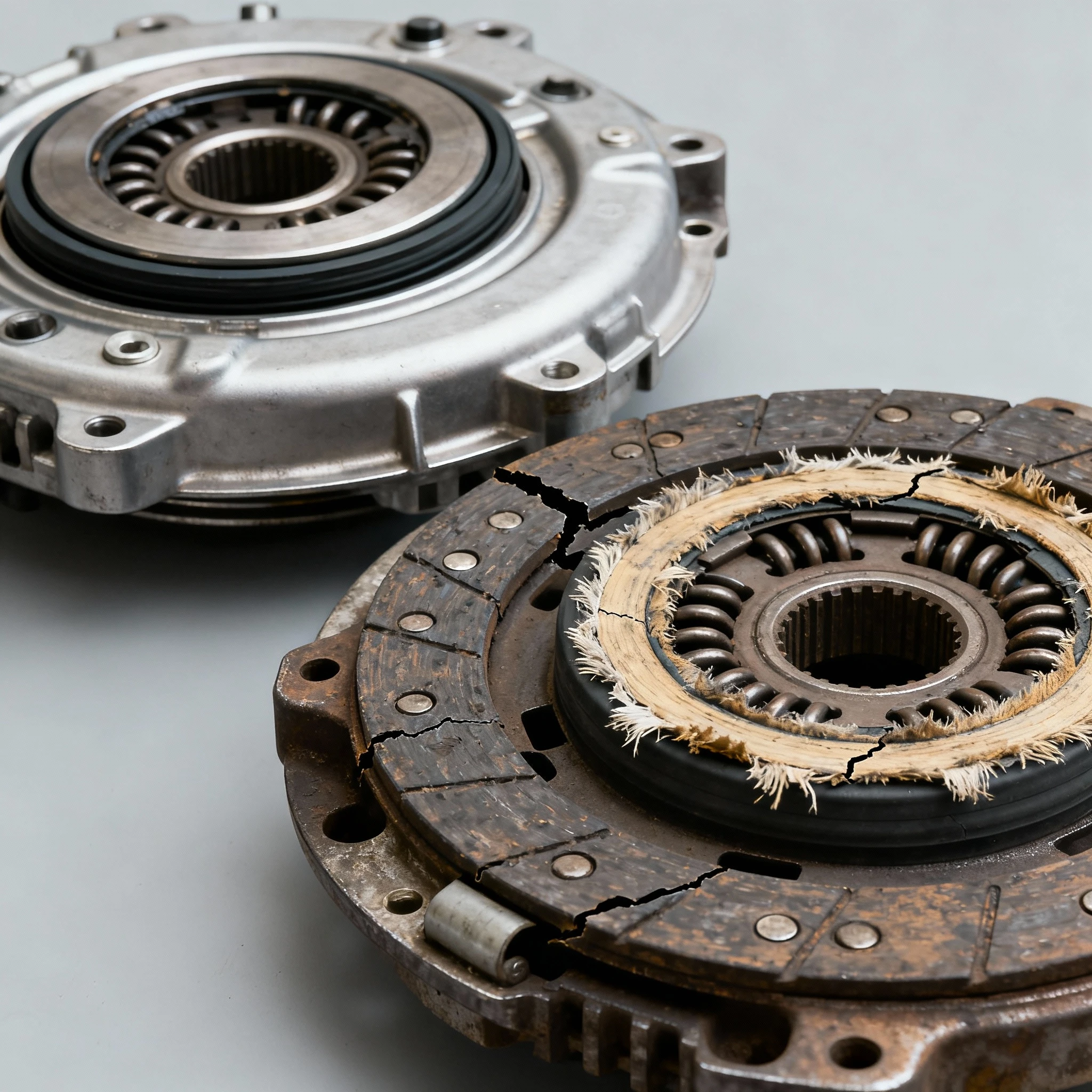 Zestawienie nowego oraz zużytego wysprzęglika typu CSC na jasnym tle, widoczne pęknięcia obudowy i zużyte uszczelki na zużytym egzemplarzu