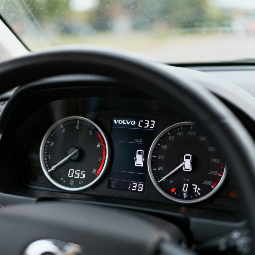 Zbliżenie na wskaźniki komputera pokładowego Volvo C30, pokazujące aktualne zużycie paliwa oraz poziom paliwa w baku. Kadr obejmuje fragment deski rozdzielczej z czytelnymi cyframi i wskaźnikami, bez osób. Tło jest rozmyte, sugerujące wnętrze samochodu. Oświetlenie pochodzi z naturalnego światła wpadającego przez szybę, podkreślając kontrast między tarczami a tłem.